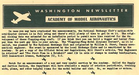 “Watch for an announcement of a new and very useful service by the Academy.  Called the Supply and Service section, the department will have available a supply of aviation periodicals, training aids, plans and other helpful items for the model builder and club.  No, no supplies or motors.”