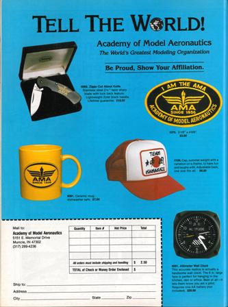 Ad for AMA related products sold through Supply and Service, 1994.  Source: National Model Aviation Museum Library. [“Tell the World.”  Model Aviation, January 1994.])