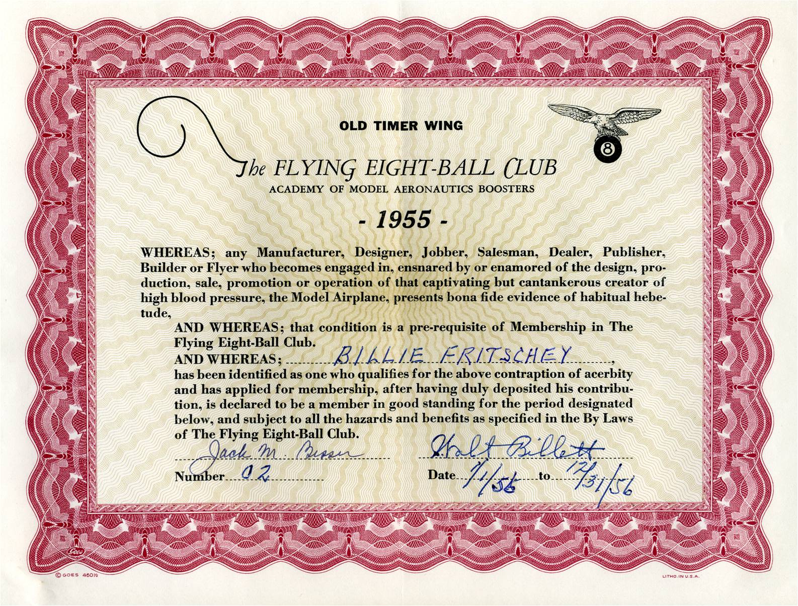 Flying Eight-Ball Club Old Timer Wing certificate, 1955. (Source: National Model Aviation Museum Archives, AMA Collection #0001.)