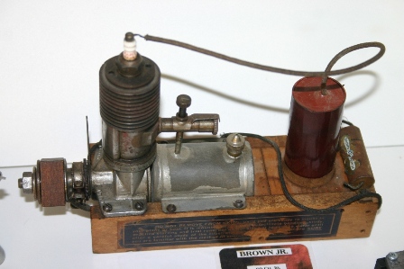 An overall view of a 1934 Brown Jr. Motor, Model B, serial number 1700, still on its original skids. (Source: National Model Aviation Museum Collection, donated by William Knepp, 1983.03.01.)