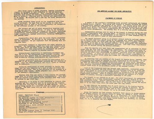 These pages from Model Aviation vol. 1, no.1, May 1936, introduce the Academy of Model Aeronautics and includes the organization's statement of purpose.