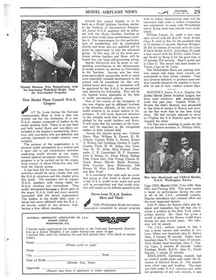 This page of Model Ariplane News vol. 13, no. 3, October 1935 discusses the creation of a special National Aeronautic Association Model Airplane Council, what would become the AMA.