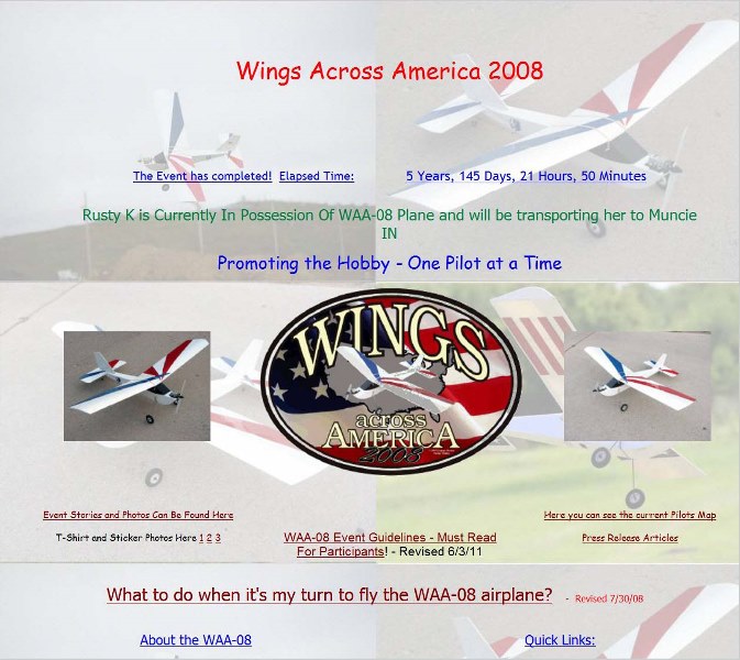 The top section of the original WAA-08.org website feature repeating images of the SQuiRT, the WAA-08 logo of the SQuiRT flying in front of an American flag, and a status update about the SQuiRT's location.