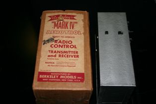 Berkeley's Mark IV Aerotrol Radio Transmitter, The “Notice” on the box reads, “Notice: Crystal Controlled Transmitter Operates on 27.255 Frequency No Operator's License Required!”  (Source: National Model Aviation Museum, Hulka Collection donated by Rhonda Egler, 2000.29.270.)