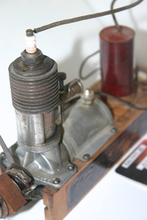 A close up view of a 1934 Brown Jr. Motor, Model B, serial number 1700, still on its original skids. (Source: National Model Aviation Museum Collection, donated by William Knepp, 1983.03.01.)