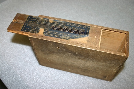 In the 1930s, Brown Jr. Motors were packaged on mounting skids in a wooden box with a sliding lid. (Source: National Model Aviation Museum Collection, donated by William Knepp, 1983.03.01.)