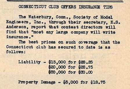 Even before insurance was a standard part of AMA membership, it was a necessity. Here a club offers a tip to other clubs on how to obtain insurance for events. (Source: National Model Aviation Museum Library, [“Connecticut Club Offers Insurance Tips,” Model Aviation Vol. 10, No. 4, April 1946, pg. 7.])