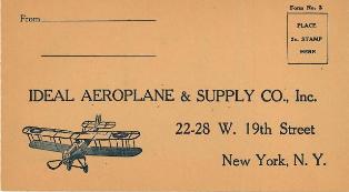 The order form and envelope for Ideal Model Airplane supplies, 1928.  (Source: National Model Aviation Museum Archives, Manufacturers and Companies Collection #0043 [How to Build and Fly Model Airplanes, Ideal Aeroplane & Supply Co., Inc., 1928.]) 