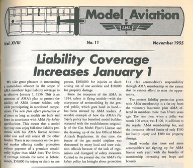 The official announcement of the changes to the insurance program, 1955. (Source: National Model Aviation Museum Library, [“Liability Coverage Increases January 1,” Model Aviation, Vol. XVIII No. 11, November 1955, pg. 1.])