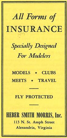 Insurance could be purchased through Herber Smith Morris, 1955. (Source: National Model Aviation Museum Library, [“Morris advertisement,” Model Aviation, Vol. XVIII, No. 4, April 1955, pg. 4.])