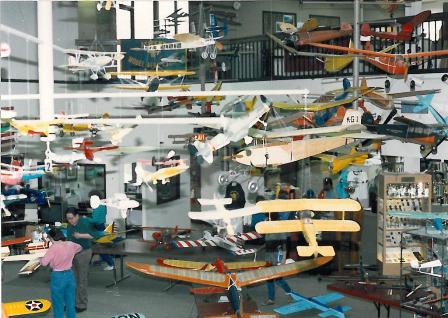Photograph of the Reston, VA exhibits, circa 1987. (Source: National Model Aviation Museum Collection, Accession file 1987.07.  Photograph provided by the family of Dave Ritchie.)