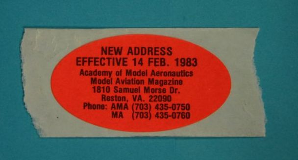 The AMA annouced its new address to members well in advance with stickers like these. (Source: National Model Aviation Museum Collection, AMA Collection, 2007.13.57.) 